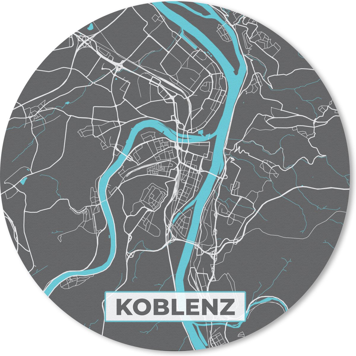 Muismat rond 50x50 cm - Mousepad Duitsland – Blauw – Koblenz – Stadskaart – Kaart – Plattegrond - Ronde muismatten - Stadskaart