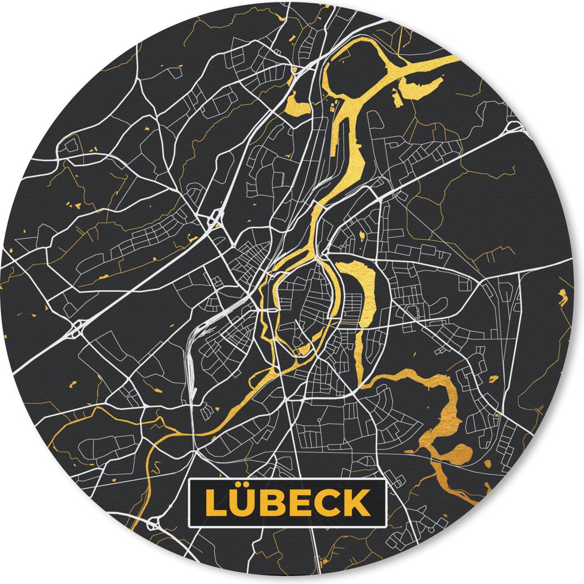 Muismat rond 40x40 cm - Mousepad Lübeck - Plattegrond - Goud - Stadskaart - Kaart - Duitsland - Ronde muismatten - Stadskaart
