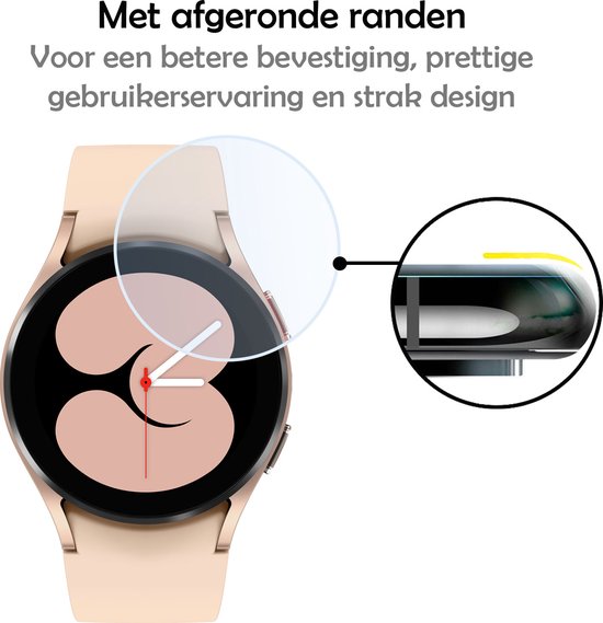 Zandkleurig horloge met wijzerplaat. Tekst: Met afgeronde randen.