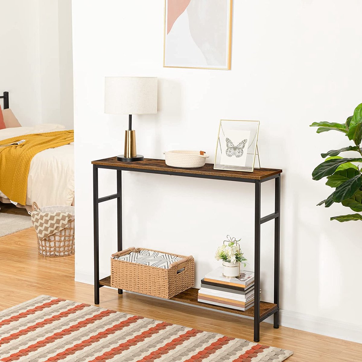 Lifewit 100 cm Consoletafel, Smalle Banktafel met Metalen Frame voor Woonkamer, Industriële Lange Wandtafel voor Hal, Entree, Kantoor, Gang, Salontafel Achter Bank, Eenvoudige Montage, Rustiek Bruin