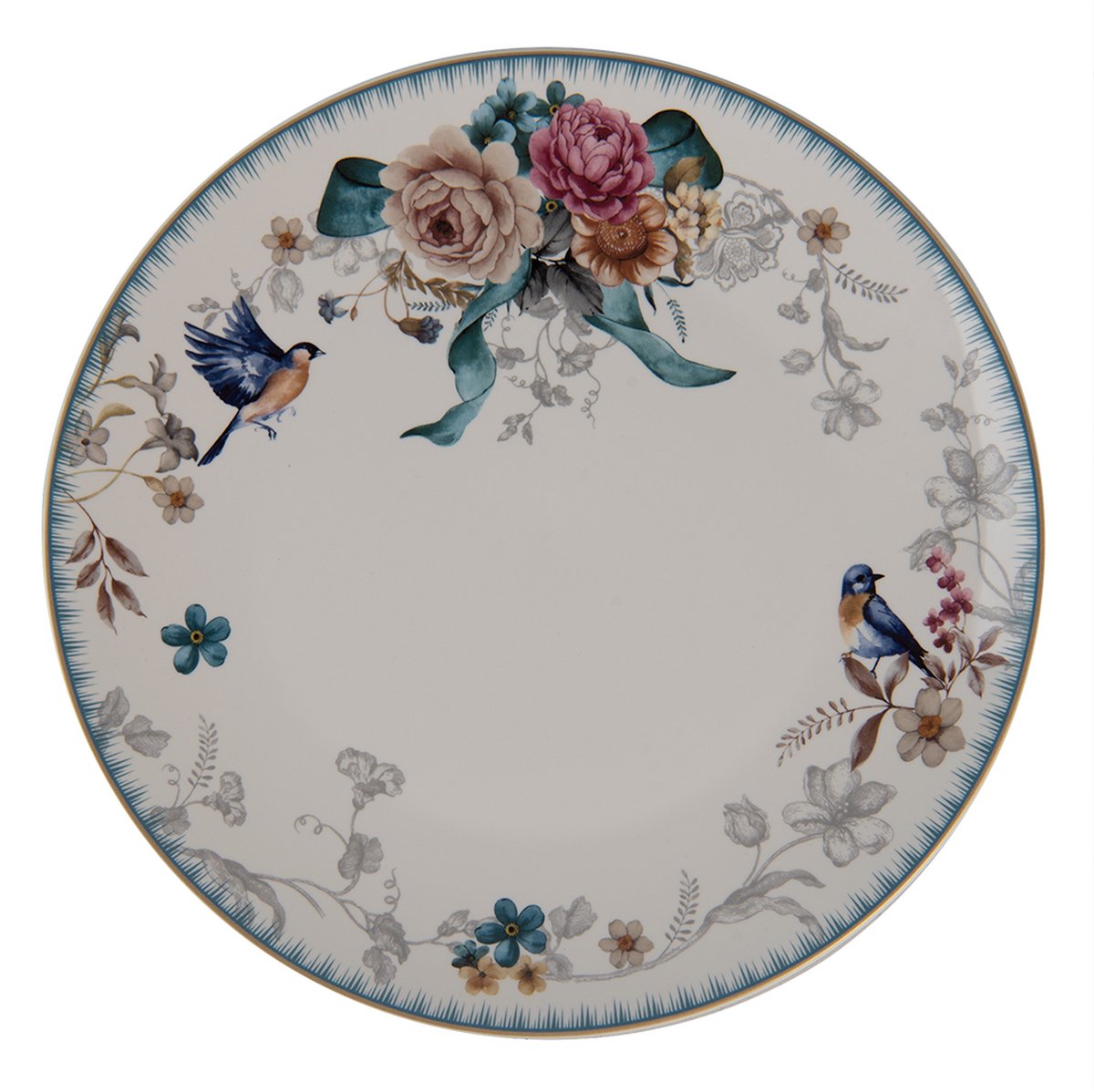 Clayre & Eef Dinerbord Ø 26 cm Wit Roze Porselein Bloemen
