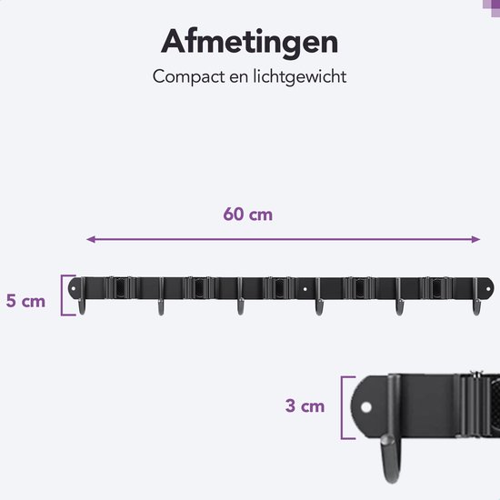 Afmetingen: zwart rek van 60 cm lang, 5 cm hoog en 3 cm diep met 7 houders.