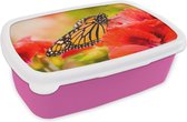 Broodtrommel Roze - Lunchbox - Brooddoos - Bloemen - Vlinders - Monarch - 18x12x6 cm - Kinderen - Meisje