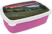 Broodtrommel Roze - Lunchbox - Brooddoos - Gras - Bergen - Avond - 18x12x6 cm - Kinderen - Meisje