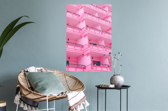 Muurstickers - Sticker Folie - Balkon - Zomer - Roze - Architectuur - 40x60 cm - Plakfolie - Muurstickers Kinderkamer - Zelfklevend Behang - Zelfklevend behangpapier - Stickerfolie