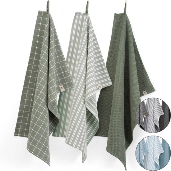 Walra Theedoeken Dry with Cubes, Stripes & Blocks - Keukenhanddoeken 3 x 50x70cm - Theedoeken en Keukendoeken set 100% Katoen - Off Black
