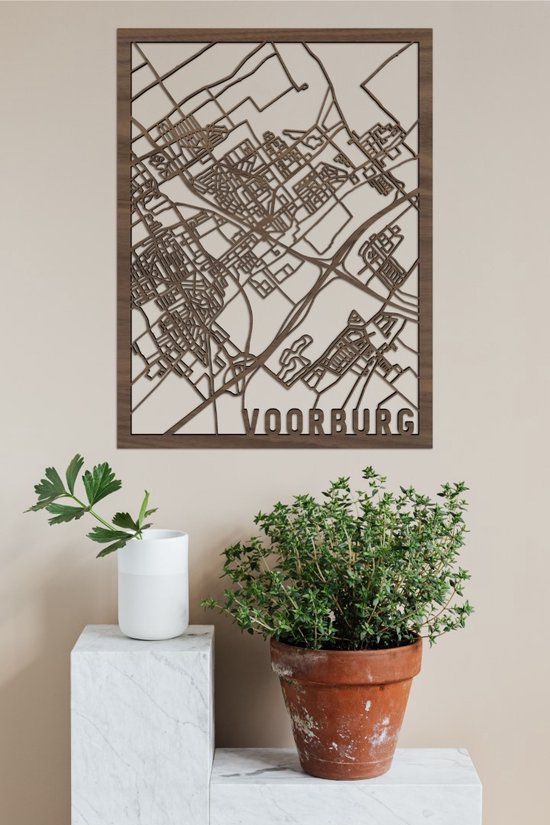 Houten Stadskaart Voorburg Notenhout 100x75cm Wanddecoratie Voor Aan De Muur City Shapes
