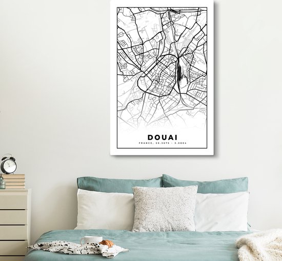 Impression sur Toile Carte - Carte - France - Plan de Ville - Douai - Zwart et Blanc - 120x180 cm - Décoration murale XXL