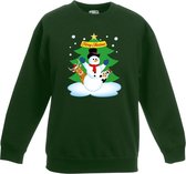 Groene kersttrui met een sneeuwpop en zijn dieren vriendjes voor jongens en meisjes - Kerstruien kind 122/128