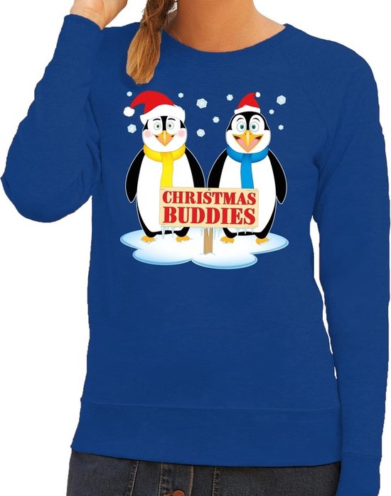 Foute kersttrui / sweater pinguin vriendjes blauw voor dames - Kersttruien XL