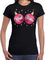 Fout kerst t-shirt zwart met roze kerst ballen borsten voor dames - kerstkleding / christmas outfit S