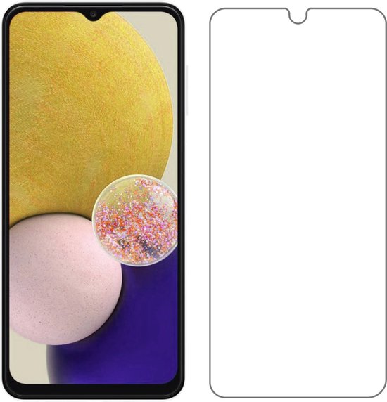 Schermprotector met transparante randen naast een smartphone met gele en roze bubbels op het scherm.
