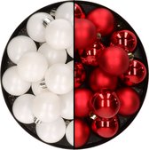 32x stuks kunststof kerstballen mix van wit en rood 4 cm - Kerstversiering