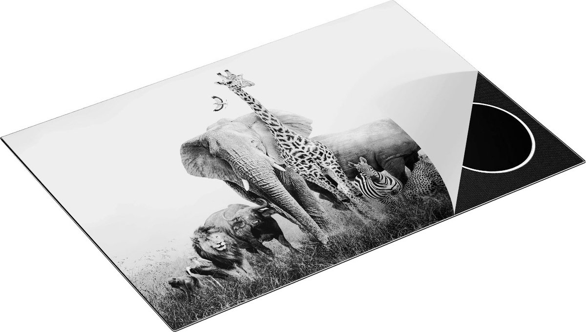 Chefcare Inductie Beschermer Afrikaanse Dieren op het Gras - Afrika - Zwart Wit - 75x50 cm - Afdekplaat Inductie - Kookplaat Beschermer - Inductie Mat