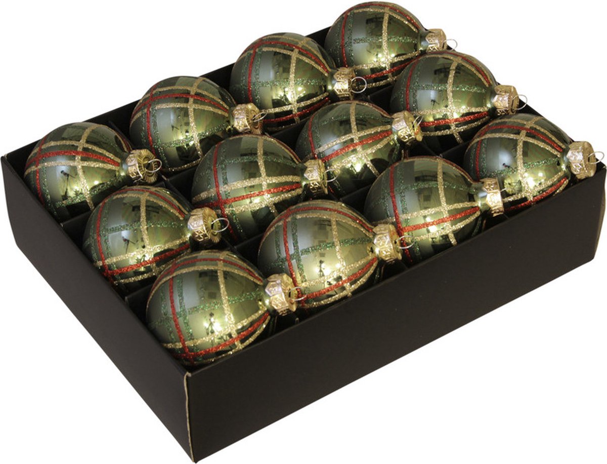 24x stuks luxe glazen gedecoreerde kerstballen groen schotse ruit 7,5 cm - Luxe glazen kerstballen - kerstversiering