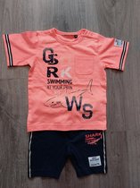 Baby jongens 2-delige t-shirt set - top + short - maat 80 - kleur koraal/marine