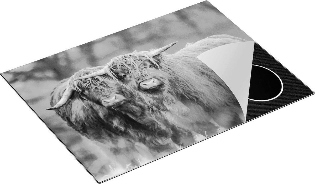 Chefcare Inductie Beschermer Twee Schotse Hooglanders in de Sneeuw - Zwart Wit - 70x50 cm - Afdekplaat Inductie - Kookplaat Beschermer - Inductie Mat