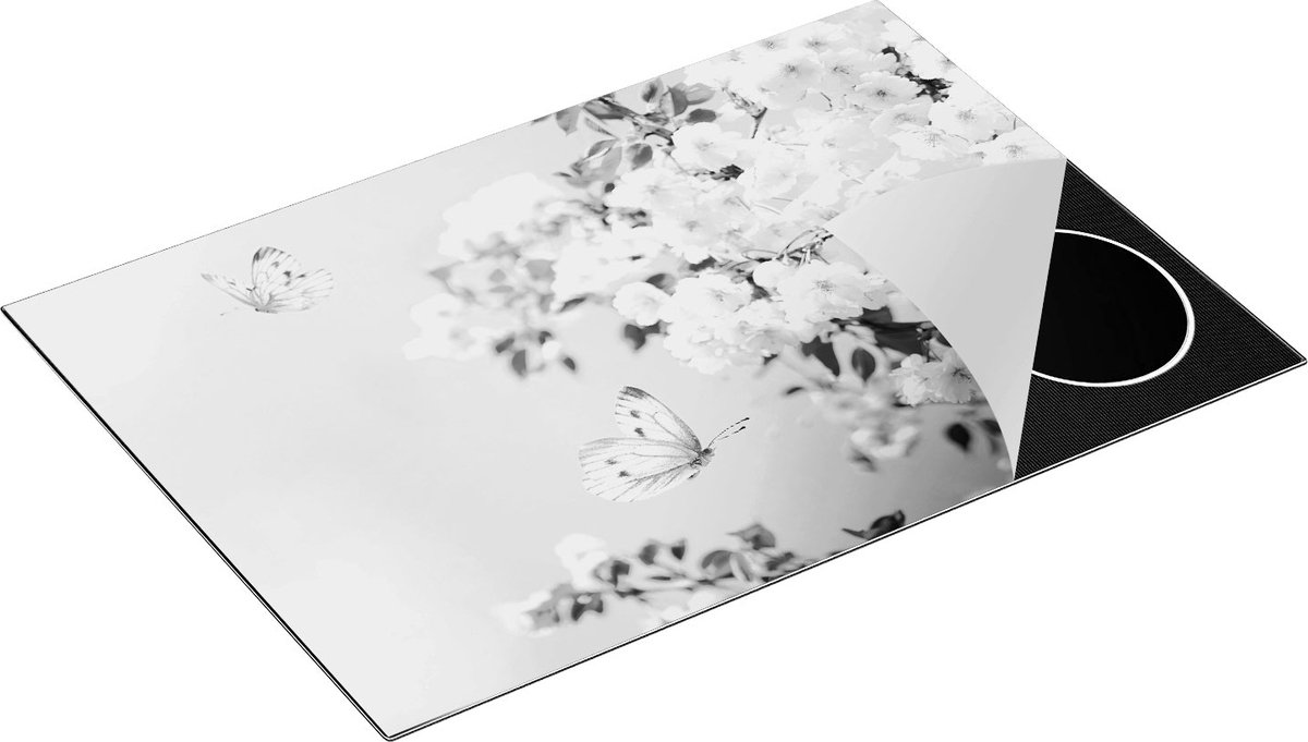 Chefcare Inductie Beschermer Twee Roze Vlinders bij Roze Bloesem Bloemen - Zwart Wit - 75x50 cm - Afdekplaat Inductie - Kookplaat Beschermer - Inductie Mat