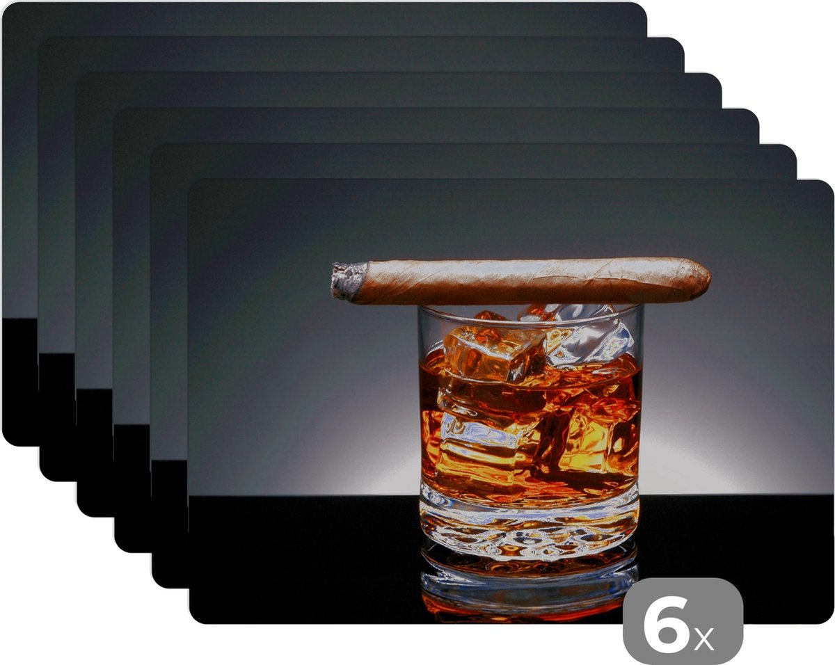 Placemat - Placemats kunststof - Whiskey - Sigaar - Glas - 45x30 cm - 6 stuks - Hittebestendig - Anti-Slip - Onderlegger - Afneembaar