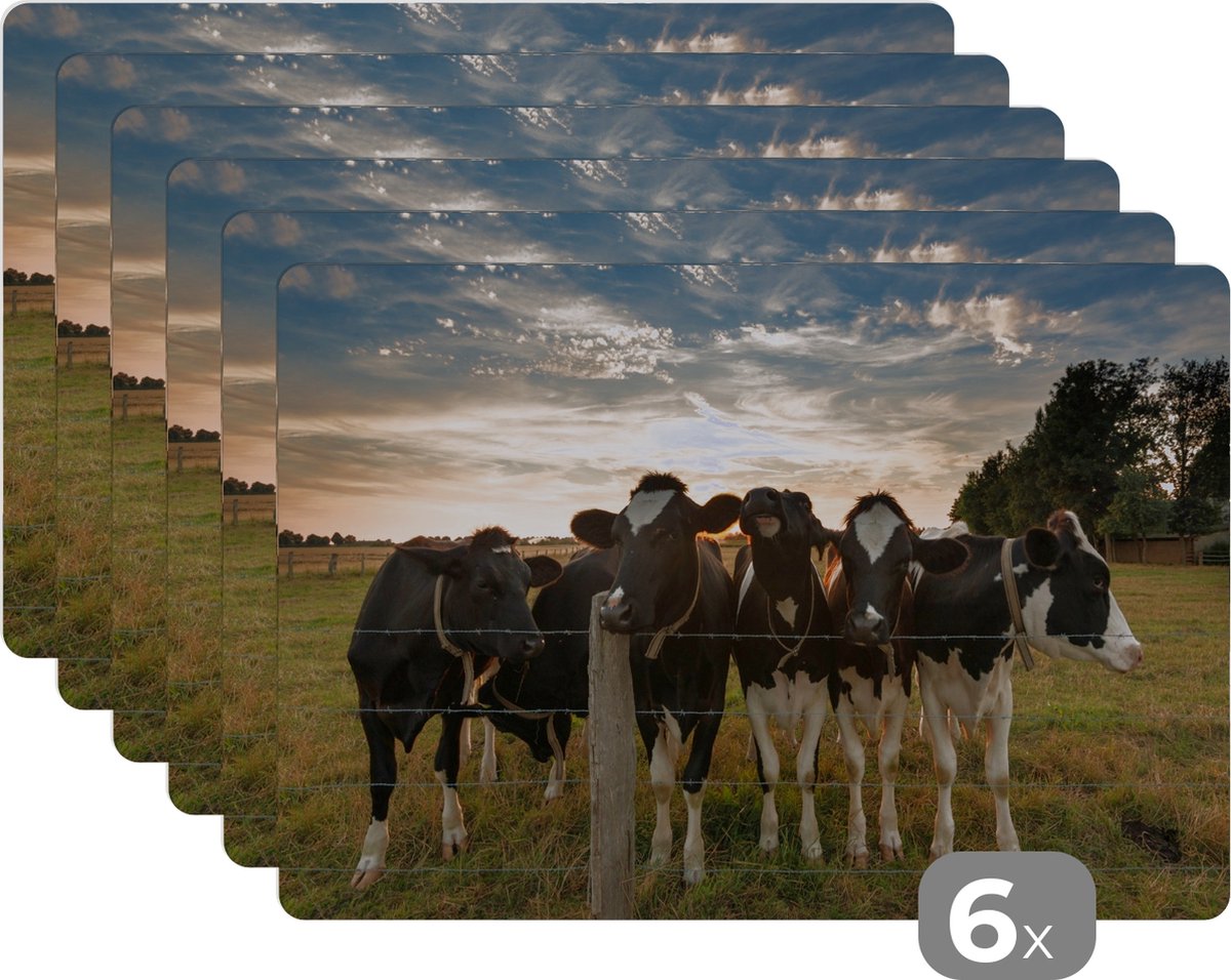 Placemats - Dieren - Koeien - Zon - Boerderij - Keuken - Onderlegger - 45x30 cm - 6 stuks