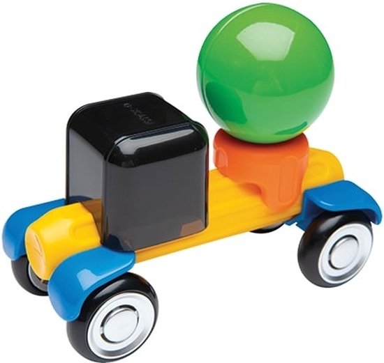 Blauw en geel voertuig speelgoed met zwarte cabine, oranje en groene bol.