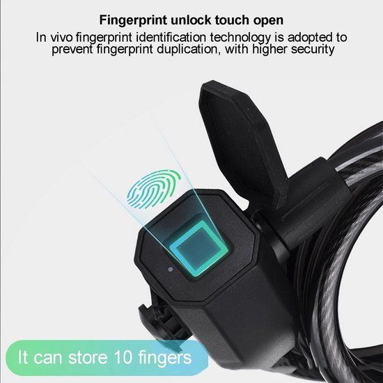 DrPhone VS1 - Fietsslot Met Vingerscan - Oplaadbare Fietsslot - Vingerafdruk Slot - 10 Vingerafdruk Patronen - IP65 Waterdichte Slot - Zwart van DrPhone — afbeelding 4