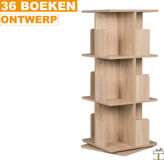 Draaibare Boekenkast met 4 Niveaus - Houten Opbergrek 43x43x158 cm