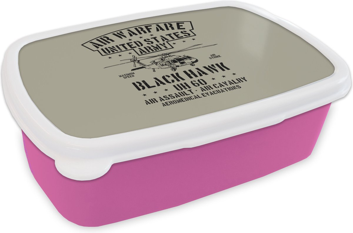 Broodtrommel Roze - Lunchbox - Brooddoos - Mancave - Helikopter - Amerika - Vintage - 18x12x6 cm - Kinderen - Meisje