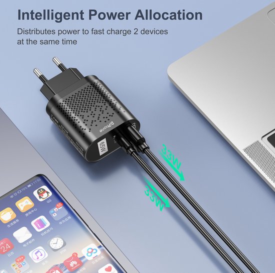 DrPhone WL12 GaN 65W Thuislader - Qualcom 3.0/4.0 & USB C PD 3.0 33W Oplader - USB Oplader - 2 poorts - Wit van DrPhone — afbeelding 5