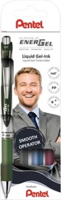Een Pentel EnerGel pen in groen met een man in een pak.