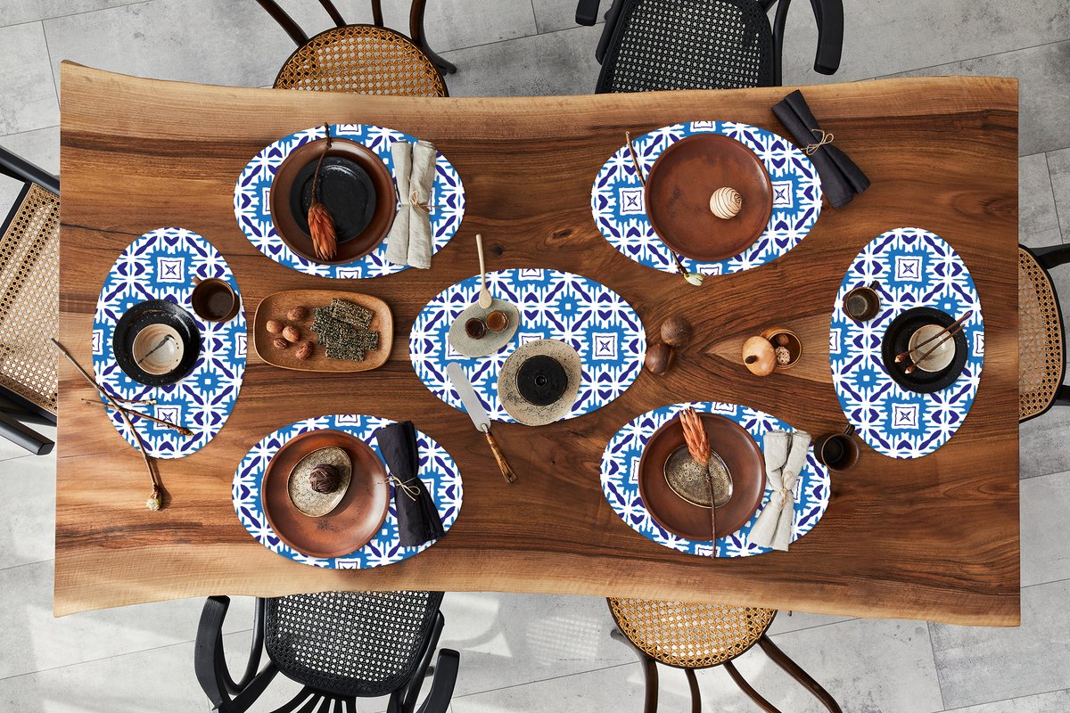 Placemats ovaal - Onderleggers - Ovale placemats - Vector - Blauw - Tegels - Patronen - 8 stuks