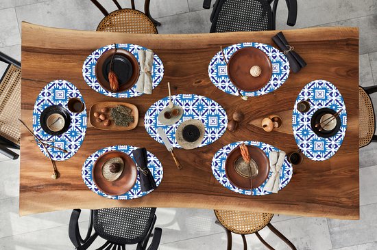 Placemats ovaal - Onderleggers - Ovale placemats - Vector - Blauw - Tegels - Patronen - 8 stuks