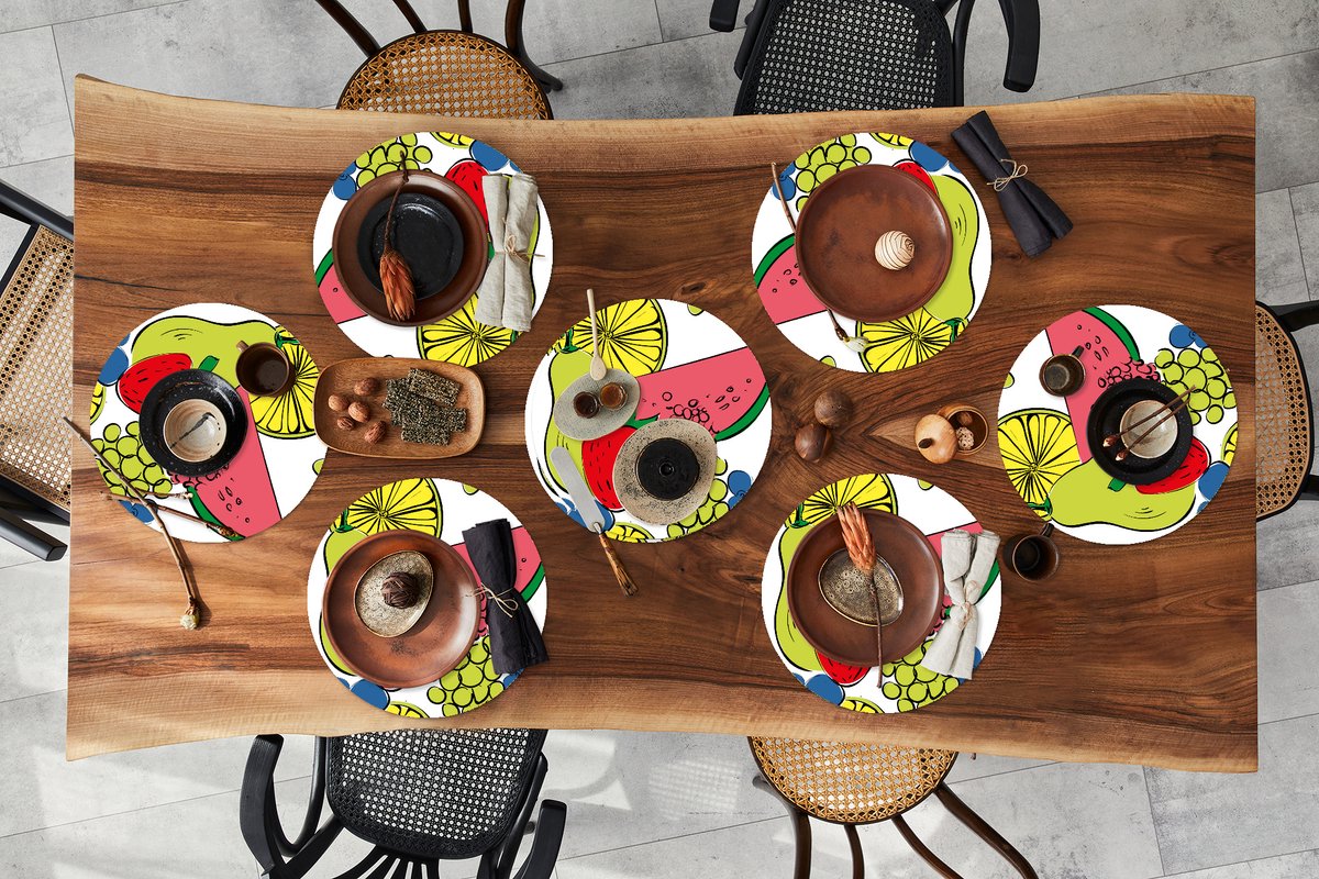 Ronde placemats - Onderlegger - Placemats rond - Fruit - Cartoon - Patroon - 8 stuks