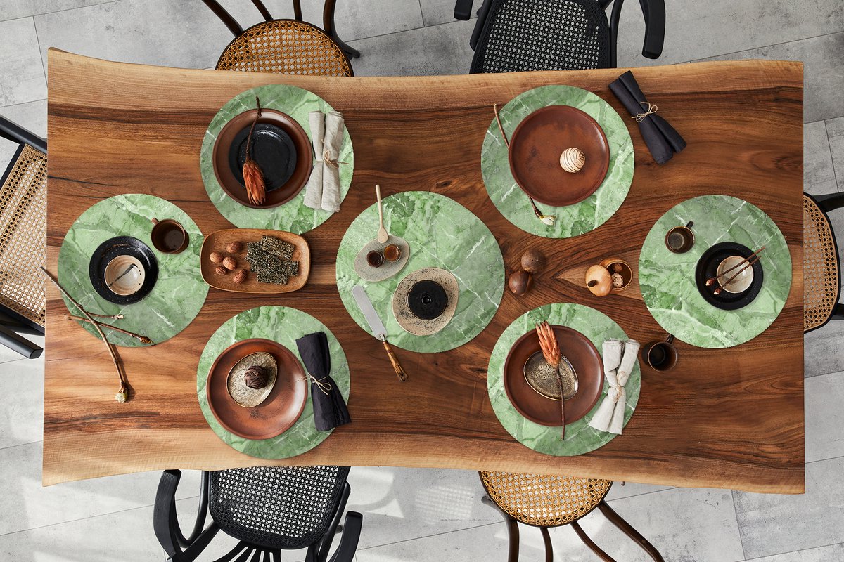 Ronde placemats - Onderlegger - Placemats rond - Graniet print - Keien - Wit - Groen - 10 stuks