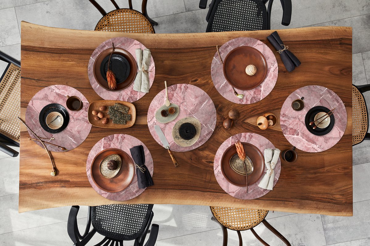 Ronde placemats - Onderlegger - Placemats rond - Roze - Wit - Graniet print - Keien - 8 stuks