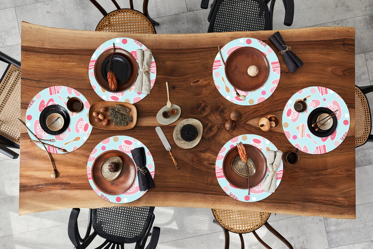 Ronde placemats - Onderlegger - Placemats rond - Taart - Thee - Cupcake - Roze - Design - 6 stuks