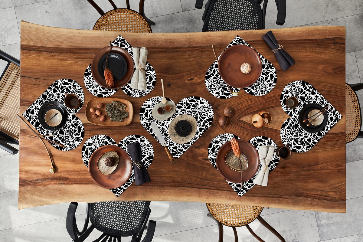 Onderleggers - Placemats - Placemats hartje - Patroon - Abstract - Zwart Wit - 8 stuks