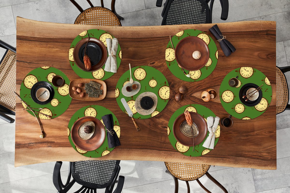 Ronde placemats - Onderlegger - Placemats rond - Londen - Vintage - Klok - Patroon - 8 stuks