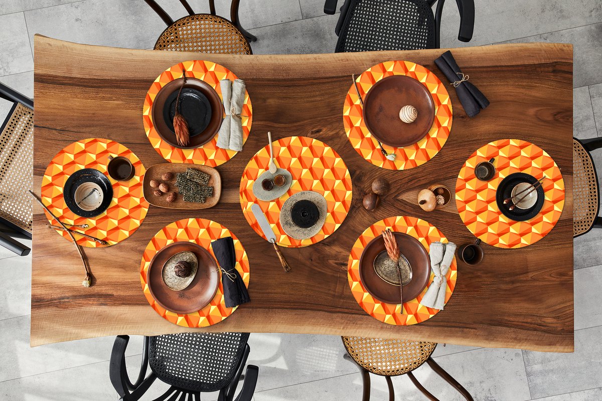 Ronde placemats - Onderlegger - Placemats rond - Oranje - Patronen - 3D - 8 stuks