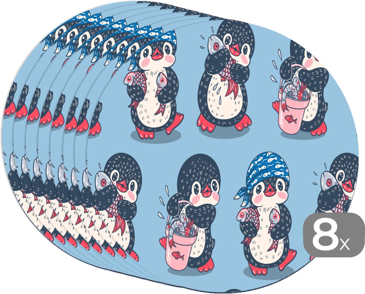 Ronde placemats - Onderlegger - Placemats rond - Pinguïn - Design - Vis - 8 stuks
