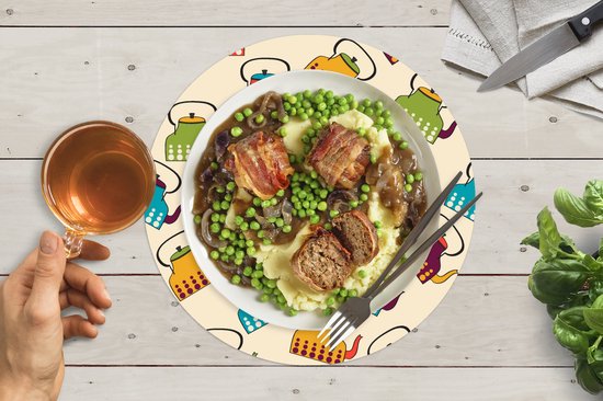 Sets de table ronds - Dessous de verre - Napperons de table ronds - Design - Rétro - Théière - Couleurs - 8 pièces