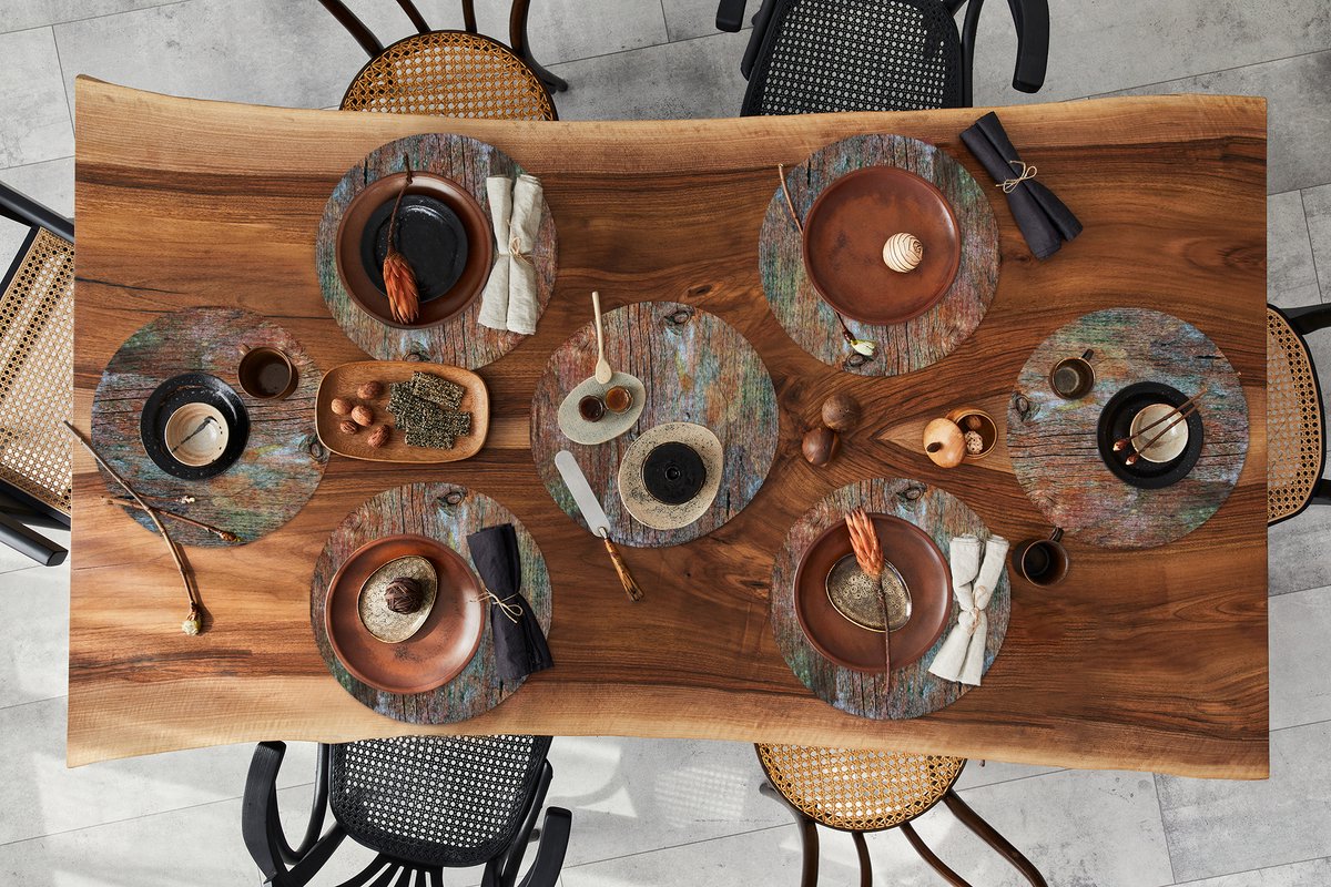 Ronde placemats - Onderlegger - Placemats rond - Industrieel - Plank - Hout - Roest print - 8 stuks