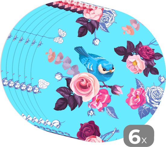 Sets de table ronds - Dessous de verre - Napperons ronds - Vogel - Fleurs - Motifs - 6 pièces