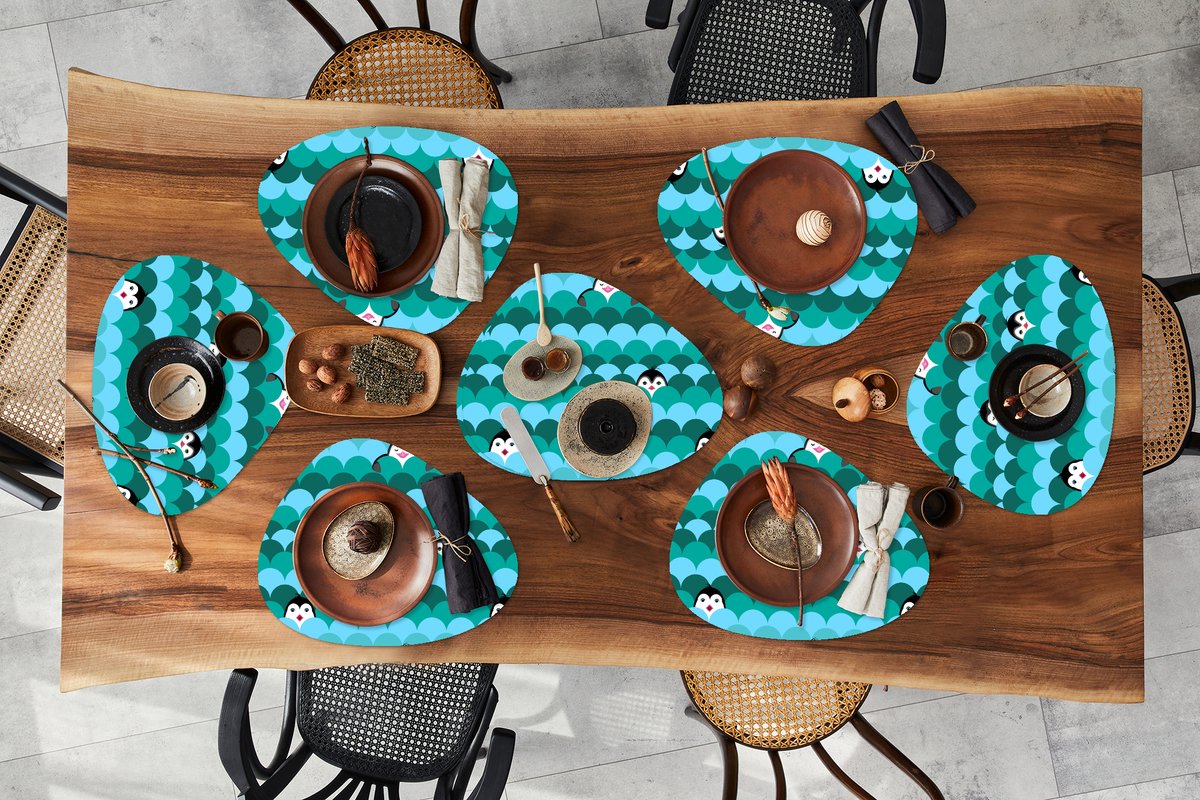 Placemat organisch - Placemats organic - Onderleggers - Cirkel - Pinguïn - Design - 8 stuks