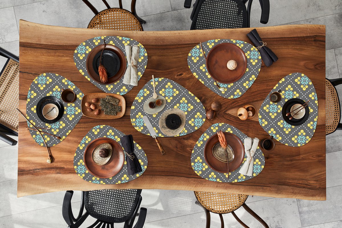 Placemat organisch - Placemats organic - Onderleggers - Design - Ruit - Bloemen - Grijs - 8 stuks
