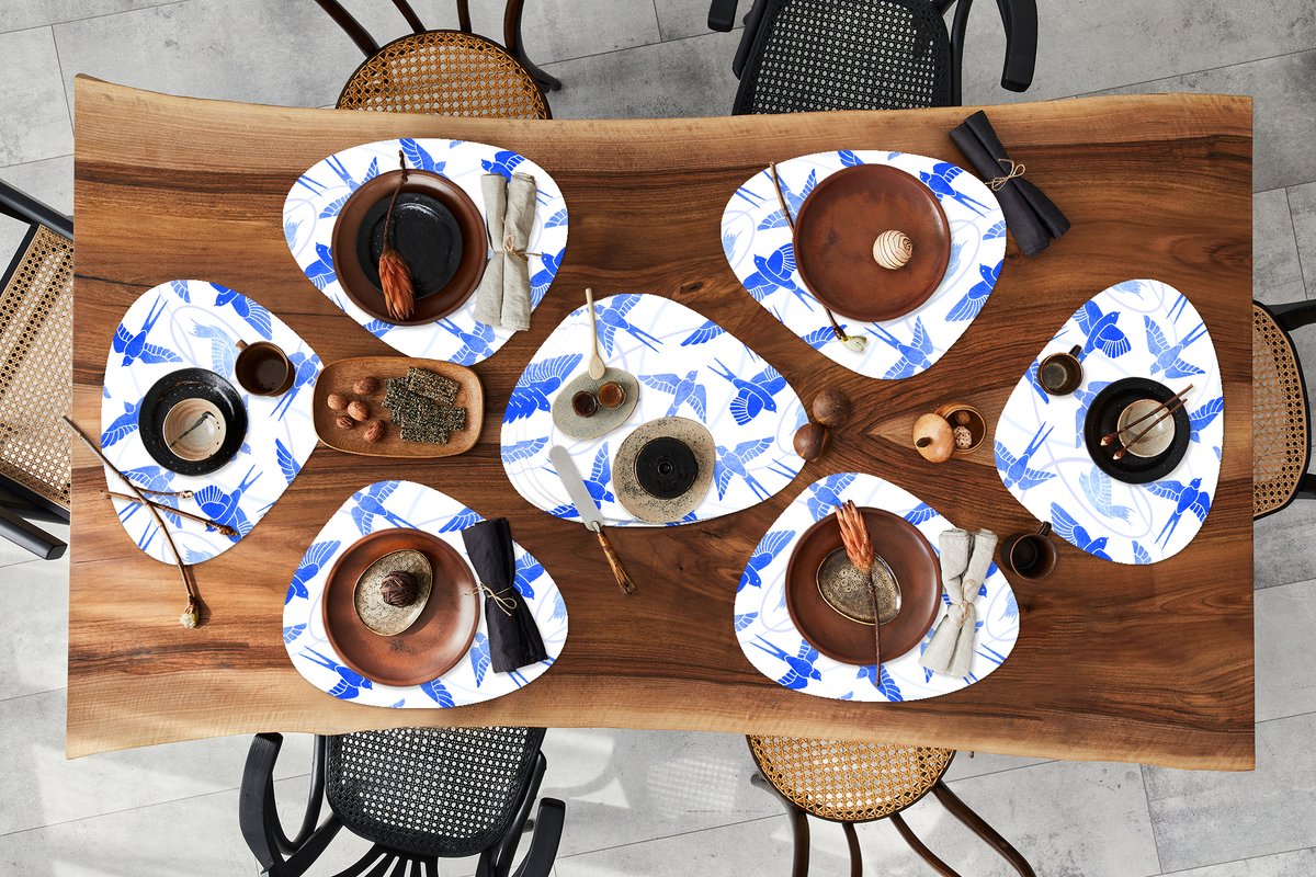 Placemat organisch - Placemats organic - Onderleggers - Patroon - Blauw - Vogel - 10 stuks