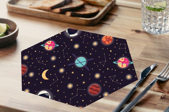 Placemats hexagon - Onderleggers placemats - Placemat zeshoek - Space - Zodiac - Sterren - Design - Heelal - 8 stuks