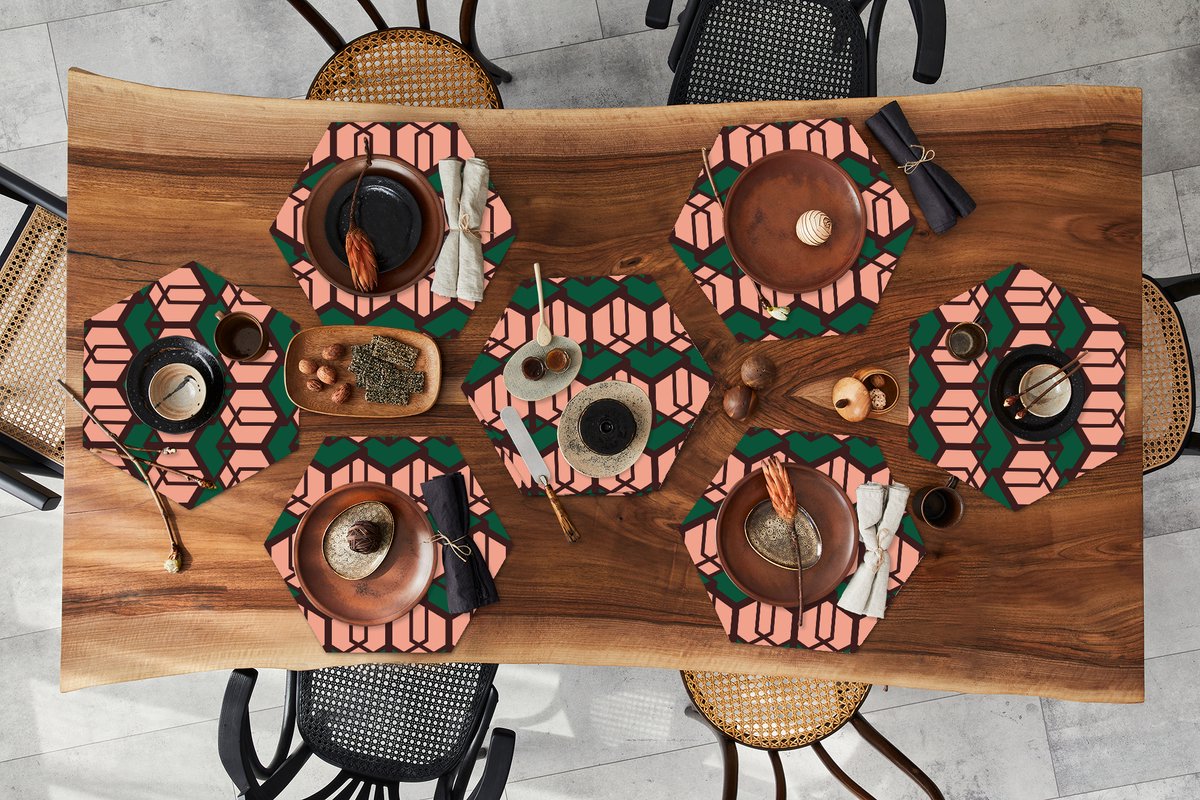 Placemats hexagon - Onderleggers placemats - Placemat zeshoek - Kubus - Patronen - 3D - 8 stuks