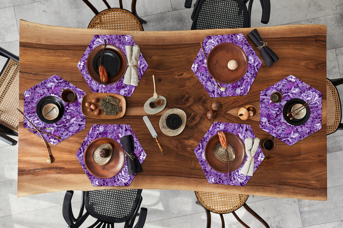 Placemats hexagon - Onderleggers placemats - Placemat zeshoek - Kolibrie - Rozen - Paars - 6 stuks
