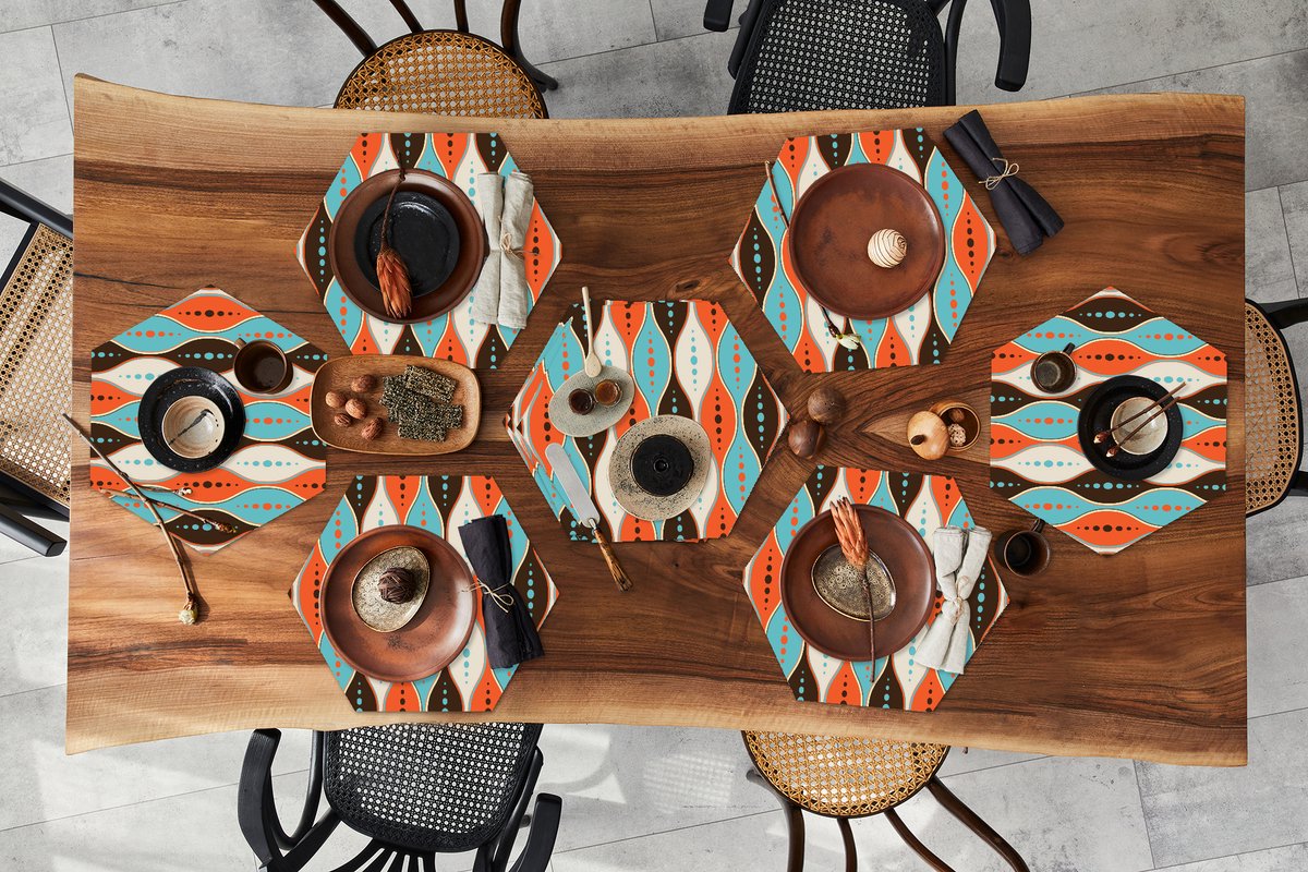 Placemats hexagon - Onderleggers placemats - Placemat zeshoek - Retro - Cirkel - Design - 10 stuks